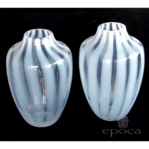 a large-scaled and shapely pair of Hessen Glaswerke mid-century white striated ovoid vases (West Germany) 