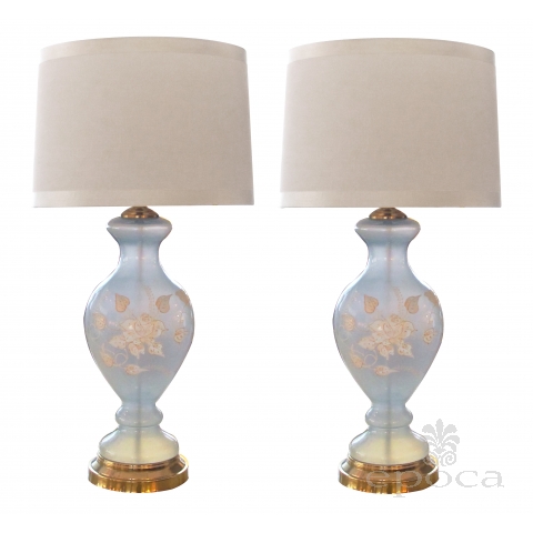 an ethereal pair of american 1960's frosted ice-blue glass baluster-form lamps with raised floral decoration