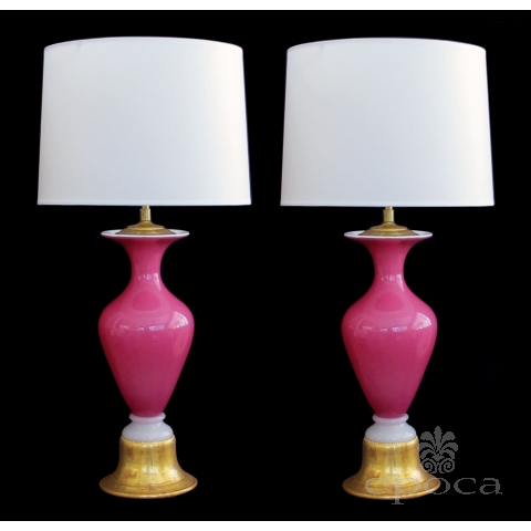 striking pair of murano mid-century pink cased-glass baluster-form lamps