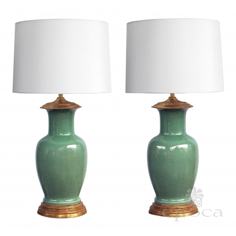  good quality pair of vintage celadon crackle-glaze lamps by Wildwood Lamp Co. 