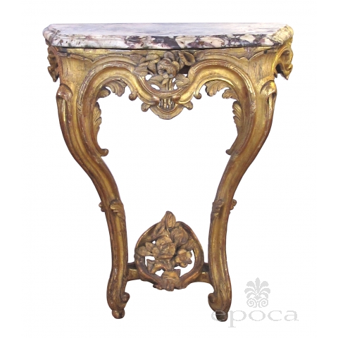  curvaceous and well-carved italian rococo giltwood wall console table with calcutta viola marble top