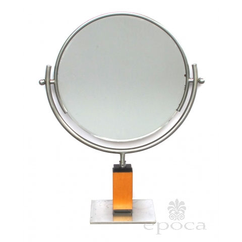  chic american art deco 1930's steel dressing mirror raised on a maplewood base with ebonized highlights 