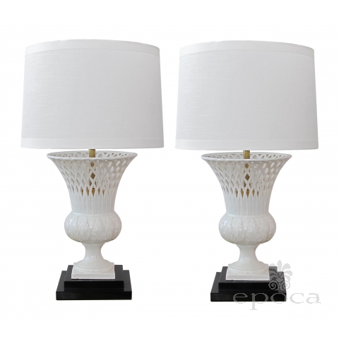  elegant pair of italian white-glazed basket-weave urn-form porcelain lamps