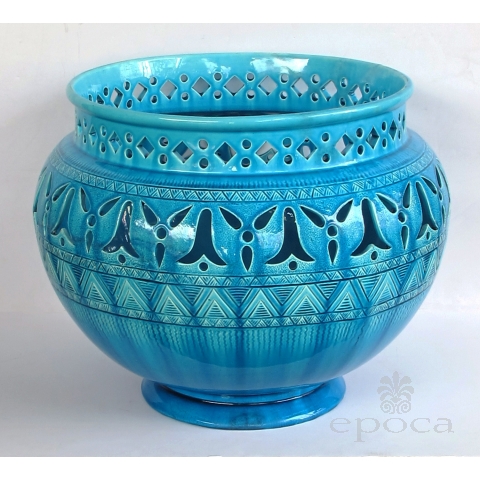 rare and large english burmantofts faience teal-glazed pierce-work jardinière/urn/pot 