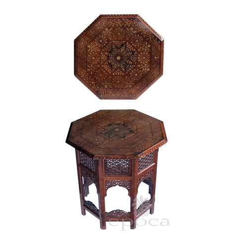  intricately inlaid anglo indian octagonal side/traveling table with brass and copper inlay