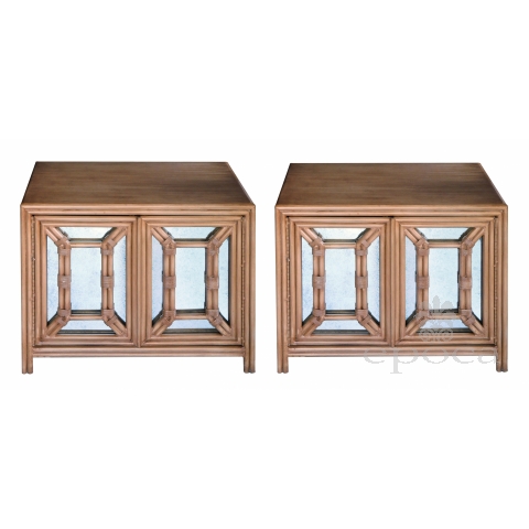 Hollywood Regency Painted Faux Bamboo and Mirrored 2-Door Cabinets