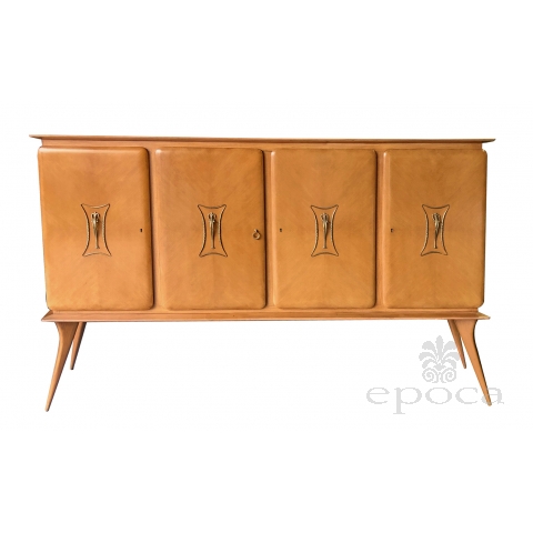 Stylish Italian Mid-Century 4-Door Sycamore Credenza in the Style of Ico Parisi