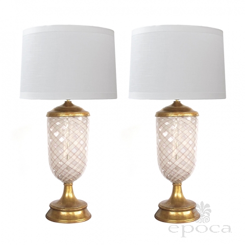  Large & Striking Pair of Murano Pink and White Lattacino Lamps by Dino Martens for Aureliano Toso 