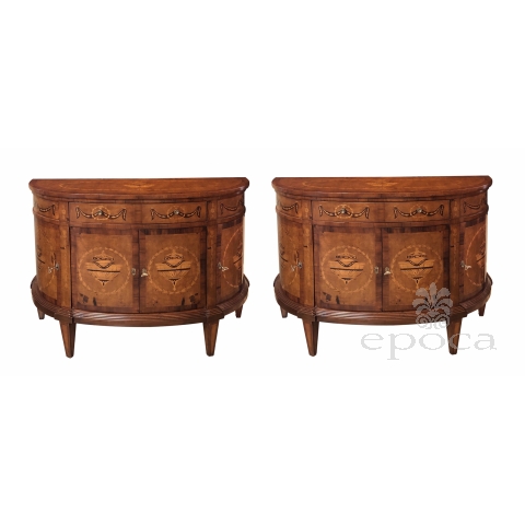 Handsome Pair of Baltic Neoclassical Style Marquetry Inlaid Birch and Walnut Demilune Commodes.