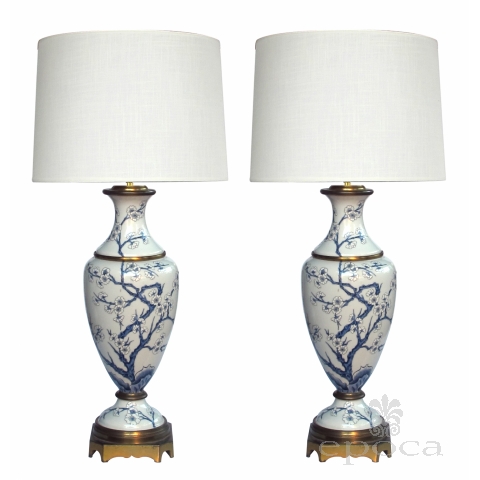  elegant pair of paris porcelain blue and white hand-painted baluster-form lamps