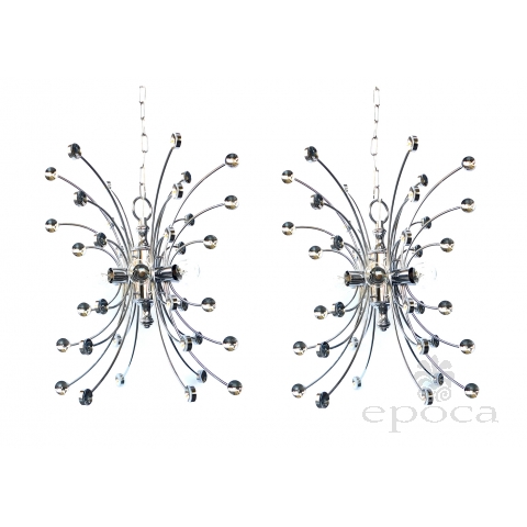  Stylish Pair of Italian 1960's Chromed Steel 6-light Farfalla (Butterfly) Pendants/Chandeliers