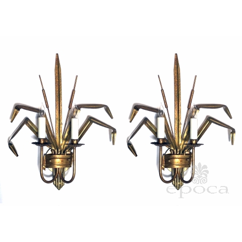 Stylish Pair of Italian 1960's Gilt-tole 2-arm Cattail Wall Lights/Sconces 