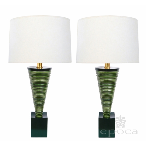 Pair 1950's Atomic Age Conical-form Green Glazed Ribbed Lamps 