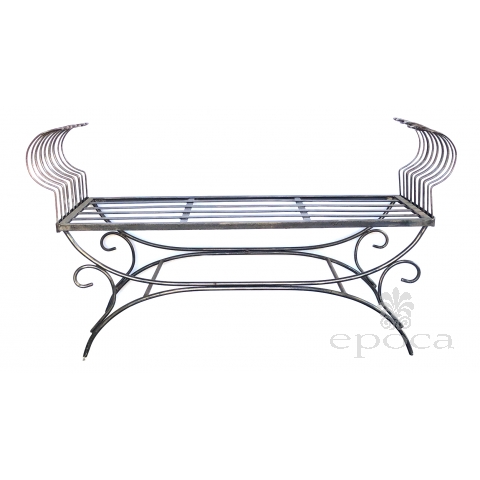 Curvaceous French 1950's Raw Iron Curule-form Bench with Incurved Arms