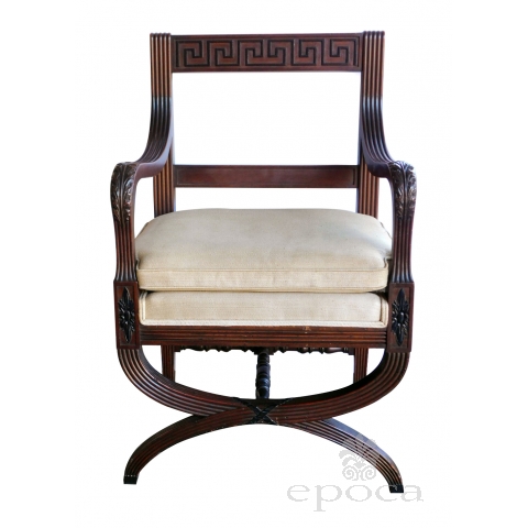 Handsome English Regency Style Curule-form Armchair with Greek Key Relief 