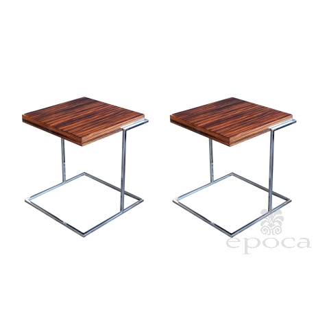 Chic Pair of French 1970's Square Macassar and Chrome Side Tables