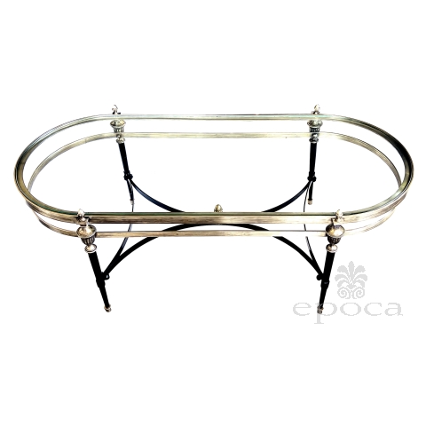 French 1960's Two-tone Brass and Ebonized Metal Oval Coffee Table in the Manner of Jansen