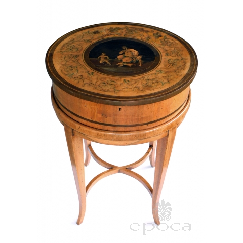 Italian Neoclassical Fruitwood Inlaid Cylindrical Sewing Box on Stand