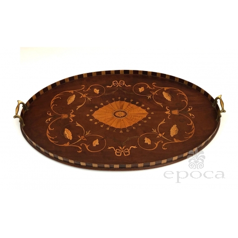 An Intricately Inlaid English Victorian Marquetry Oval Tray with Brass Handles