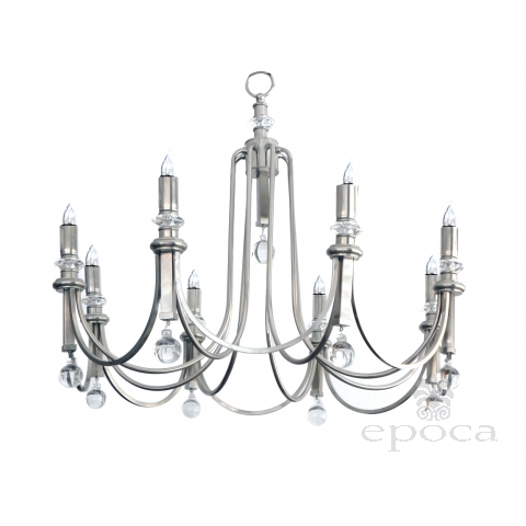 Stylish Italian Art Deco Style Brushed Steel and Crystal 8-light Chandelier