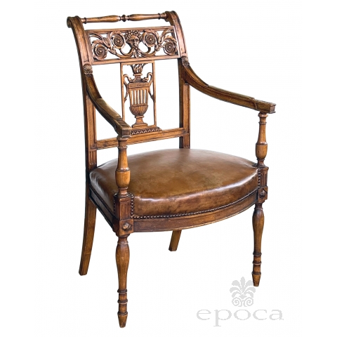 Italian Neoclassical Carved Fruitwood Armchair with Leather Seat