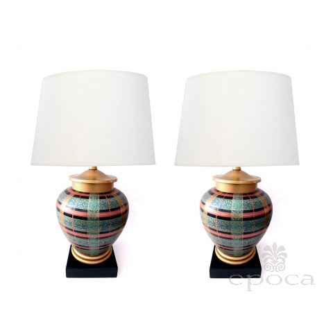 Pair of Frederick Cooper Ovoid-form Lamps with Plaid Decoration