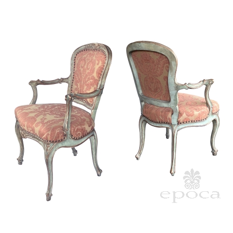 Shapely Pair of Italian Rococo Style Aqua Painted and Parcel-gilt Armchairs