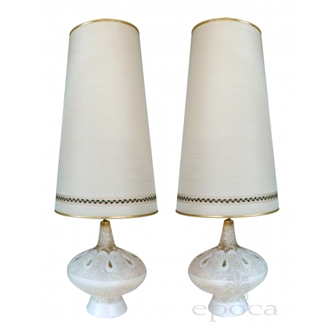  Chic Pair of American 1960's Ivory and Brown Lava Glaze Chalkware Lamps 