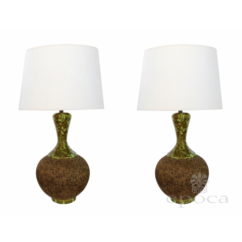 Massive Pair of 1960's Cork Lamps with Mottled Olive-Green Ceramic Mounts