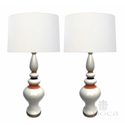 Shapely Pair of 1960's White-glazed Lamps with Mustard, Black and Coral Highlights