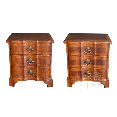 Pair of Continental Baroque Style Walnut 3-Drawer Arbalète-form Commodes