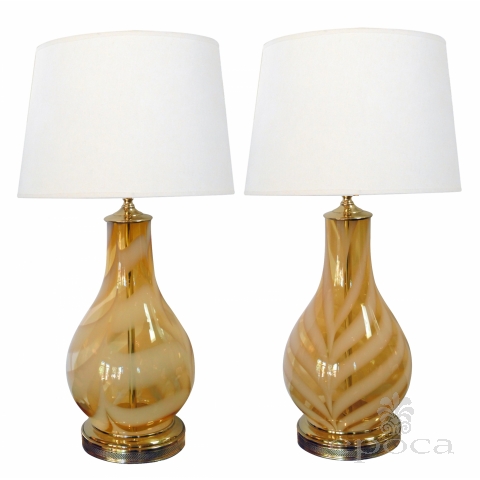A Shapely Pair of 1970's Murano Butterscotch Art Glass Bottle-form Lamps Infused with White Swirls