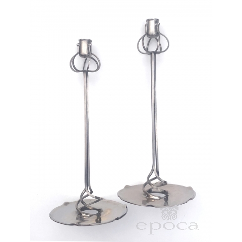 air of french art nouveau style chrome-over-brass plated candlesticks