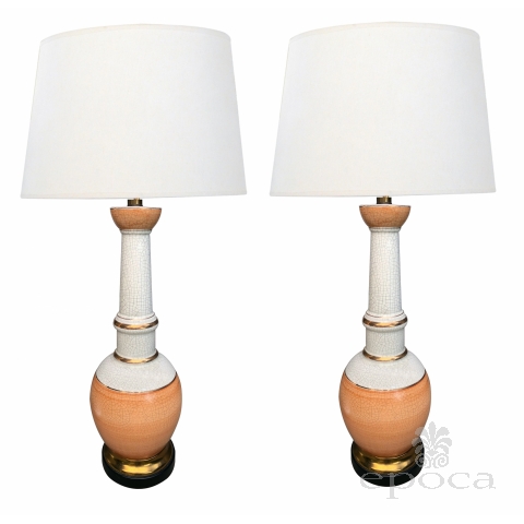 Pair of Frederick Cooper 1960's Peach and White Crackle-glaze Lamps