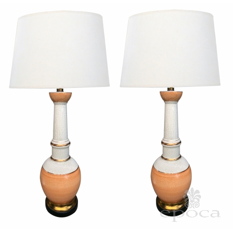 Pair of Frederick Cooper 1960's Peach and White Crackle-glaze Lamps