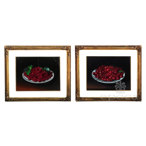 Gouache on Paper: Pair Victorian Still Life Paintings of a Bowl of Cherries and Red RasberriesGouache on Paper: Pair Victorian Still Life Paintings of a Bowl of Cherries and Red Rasberries