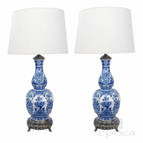 A Striking Pair of Antique Dutch Delftware Blue and White Double-baluster Vases now Mounted as Lamps