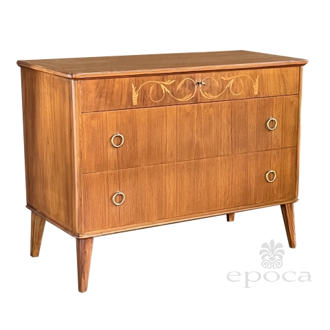 Mid-Century Modern Marquetry Inlaid Birch Chest of Drawers; Possibly Swedish