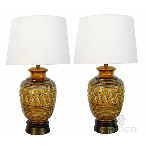 Boldly-scaled Pair of Italian 1960's Ochre-glazed Jar-form Lamps with Lava-glaze Decoration