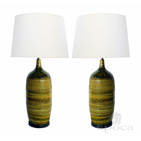 Impressively Large Pair of American 1960's Geometrically Textured Drip Glaze Ceramic Lamps 