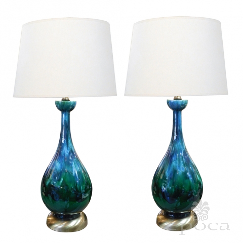 A Richly Colored American 1960's Bottle-form Emerald Green and Blue Drip-glaze Lamps