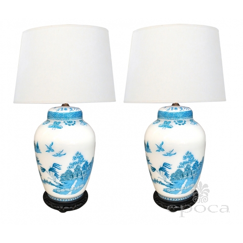 A Good Quality Pair of French 1950's Blue & White Cased Glass Ginger Jar Lamps