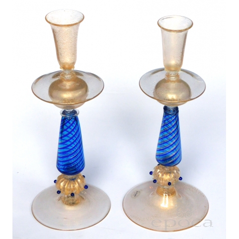 Pair of Murano Gold Aventurine and Blue Filigrana Glass Candlesticks