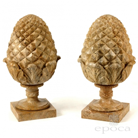 Pair of French Neoclassical Style Carved Buff Granite Pineapple Finials
