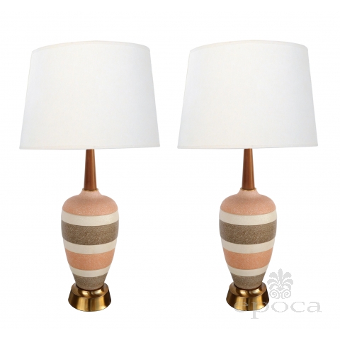 Stylish Pair of Danish Modern Coral, Brown and Ivory Salt-glazed Lamps