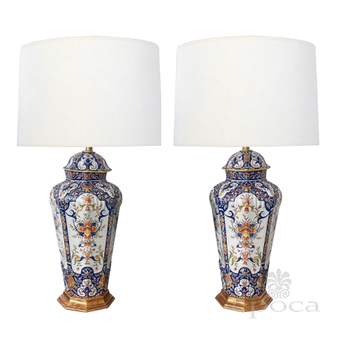 19th Century Pair of French Polychromed Faience Octagonal Urns Now as Lamps