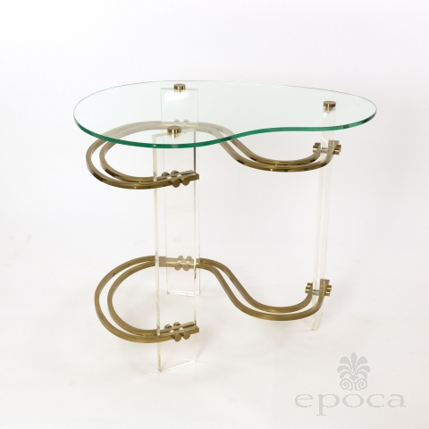 Stylish Kidney-shaped Glass and Lucite Side Table with Curvaceous Glass Stretchers