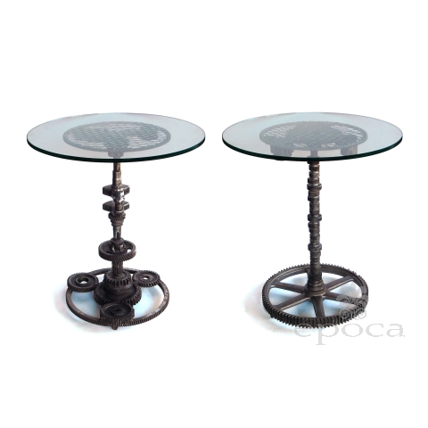 Pair of Industrial Cast Iron Gear Wheel Tables with Circular Glass Tops