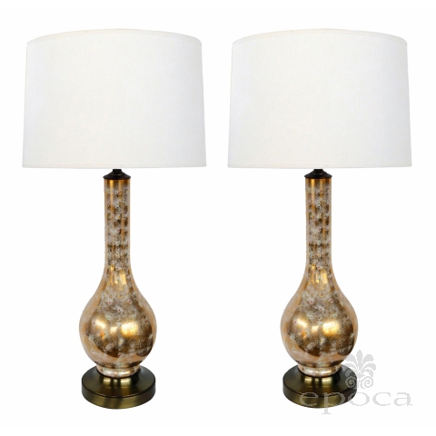 Pair of Murano 1960's Gold and White Glazed Bottle-form Lamps with Colored Specks