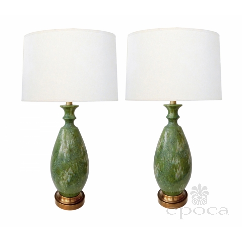 Large Pair of 1960's Celadon Drip Glaze Ovoid-form Lamps